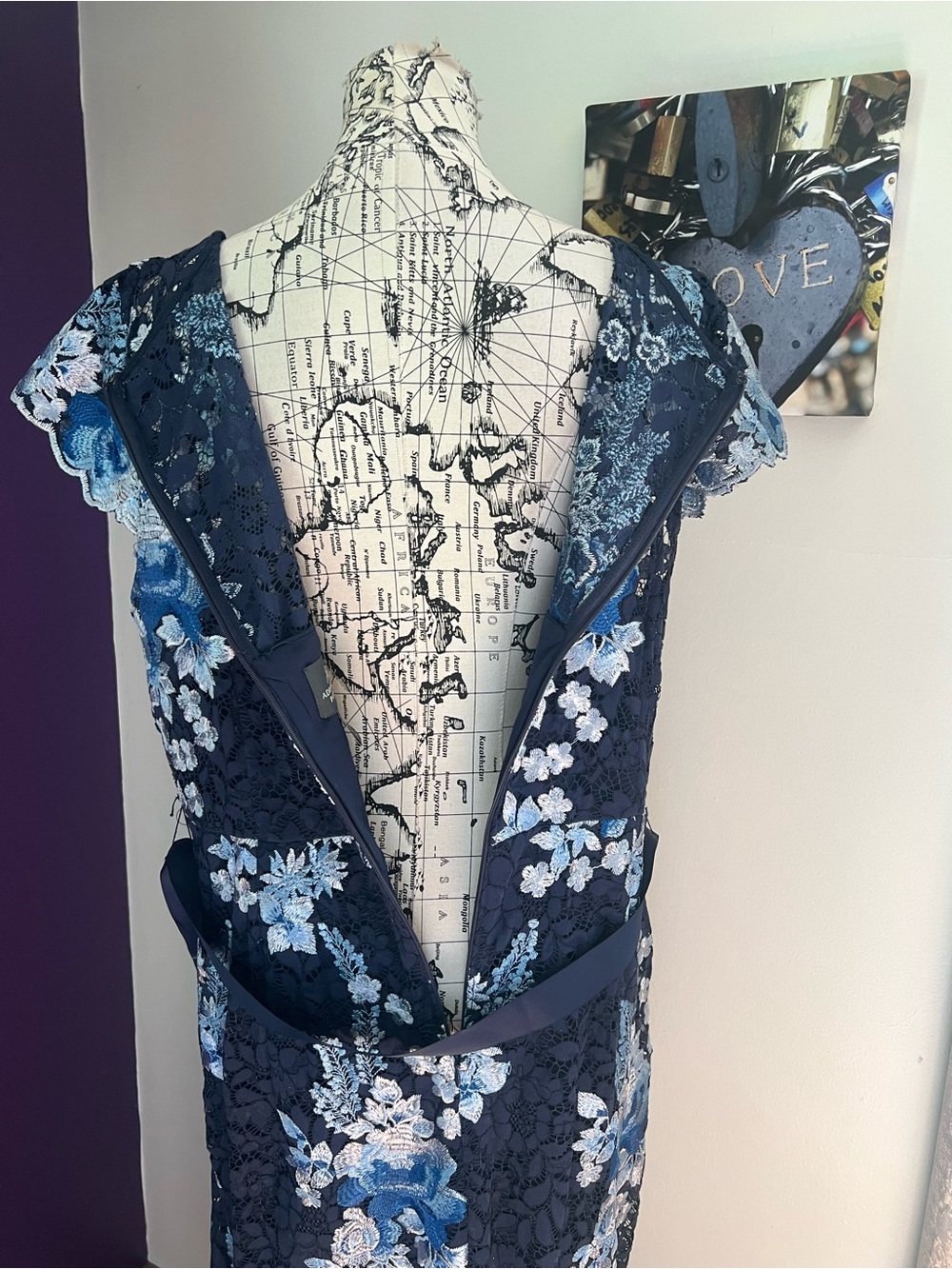 Adrianna Papell Navy Plus Size Maxi Gown with Blue Floral Embroidery - Picture 8 of 11